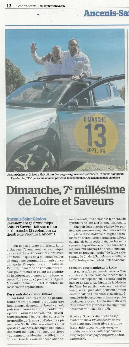 Article de L'Écho d'Ancenis du 10 septembre 2026 annonçant Loire et Saveurs 2026