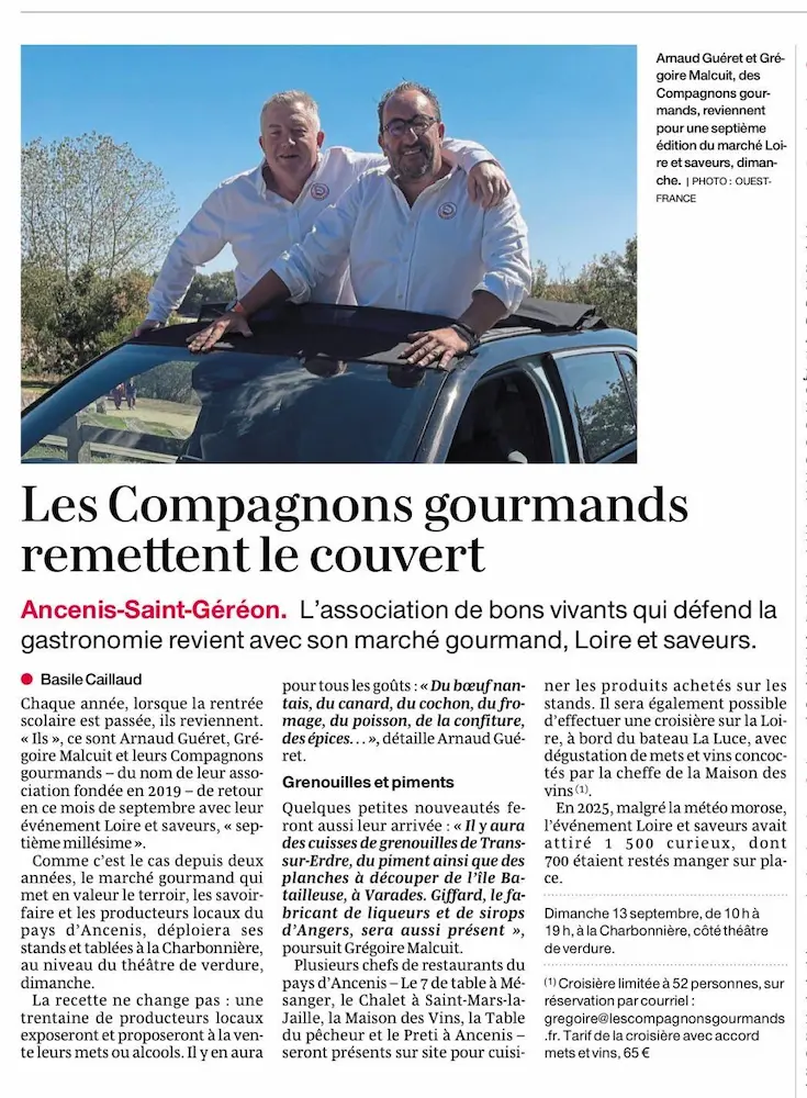 Article Ouest-France du 8 septembre 2026 annonçant Loire et Saveurs 2026